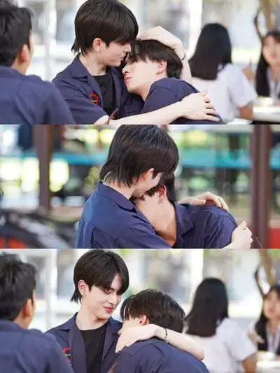 perfect-10-liners-the-series-2024-hinh-anh-11 Perfect 10 Liners The Series – still cut cảnh ôm nhau ngọt ngào của hai nhân vật nam trong đồng phục kỹ thuật viên xanh tại căn tin trường