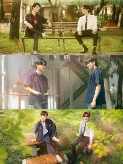 perfect-10-liners-the-series-2024-hinh-anh-13 Perfect 10 Liners The Series – bộ still cut ba cảnh hai nhân vật nam gặp gỡ nhau ở sân trường và ghế công viên với ánh sáng buổi chiều ấm áp