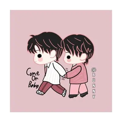 bossnoeul-fanart-9 BossNoeul fanart chibi kéo tay bước đi nền hồng dòng chữ Come On Baby