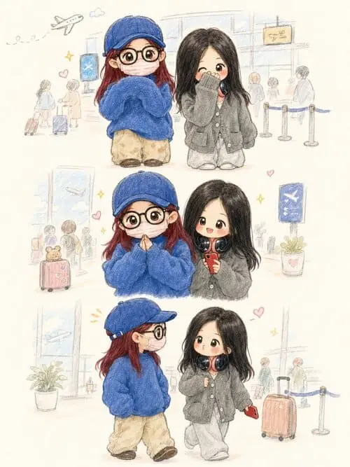 fayeatom-fanart-chibi-1 Fanart FayeAtom minh họa phong cách chibi tại sân bay, ba khung cảnh liên tiếp