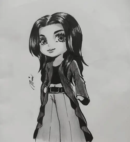 fayeatom-fanart-chibi-2 Fanart FayeAtom vẽ tay một nhân vật tóc dài, phong cách phác họa đen trắng