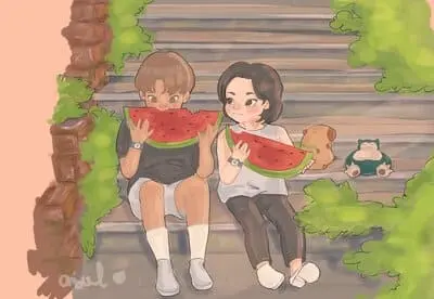 jesbible-fanart-9 Fanart JesBible vẽ cảnh ngồi bậc thang ăn dưa hấu, có gấu bông cạnh bên.