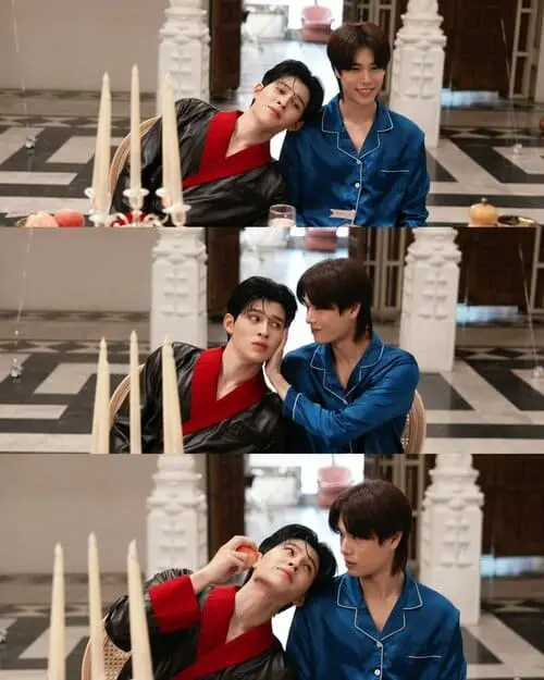 peach-and-me-the-series-2026-hinh-anh-17 Peach and Me The Series hậu trường, hai nam chính ngồi sát nhau đùa giỡn với đồ ăn